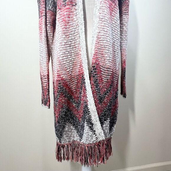 Lucky Brand Chevron Knit Southwestern Knit Fringe Duster Open Front Sweater L - Picture 4 of 13